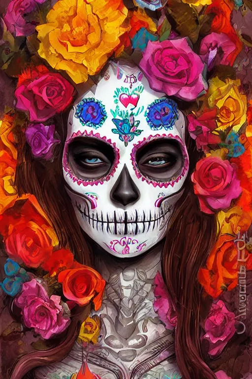 Image similar to Illustration of a sugar skull day of the dead girl, art by marc simonetti