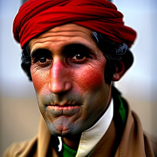 Prompt: portrait of george washington as afghan man, green eyes and red scarf looking intently, photograph by steve mccurry