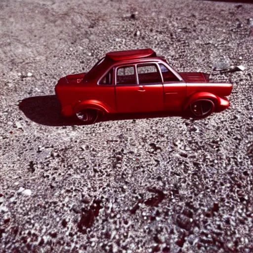 Image similar to 3 5 mm photo of metallic red aztek car like hot wheels model in area 5 1 as background, epic cinematic