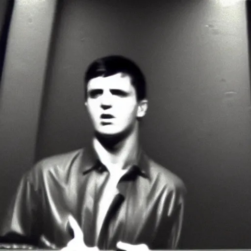 Prompt: vhs footage of ian curtis roaming around the backrooms, photorealistic, gritty atmosphere,