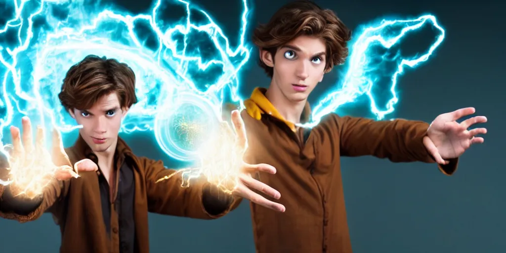 Prompt: a epic scene of a handsome young caucasian male sorcerer with brown hair casting a spell that is emanating from his hands, indoor, alchemist lab, action pose, medium shot, depth of field, sharp focus, waist up, award winning animation, pixar animation style