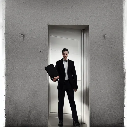 Image similar to a man in a suit holding a briefcase coming out of an door that has an white room in it, Matte painting , detailed painting, greg rutkowski