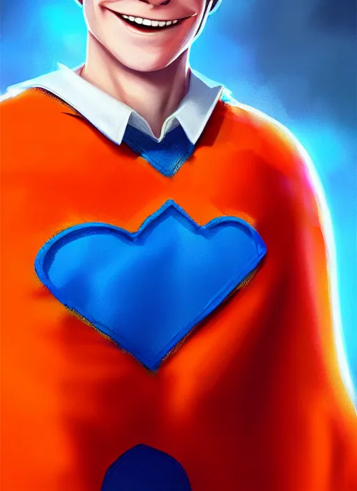 Image similar to friendly teenage archie andrews wearing an orange superhero costume with heart logo, heart, freckles, blue cape, heart emblem on chest, blue cape, intricate, elegant, glowing lights, highly detailed, digital painting, artstation, sharp focus, illustration, art by wlop, mars ravelo and greg rutkowski