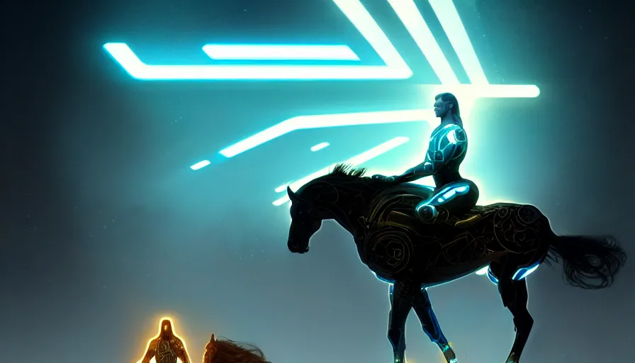 Image similar to tron legacy jesus riding cyborg horse, face, diffuse lighting, hyper realistic, concept art, intricate, hyper detailed, smooth, sharp focus, illustration, trending on artstation, art by greg rutkowski and james gurney and alphonse mucha