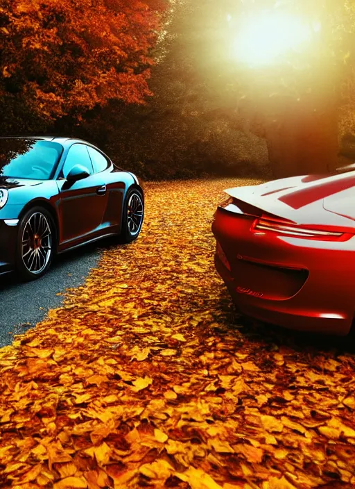 Image similar to photo of a porsche driving through autumn leaves, cinematic lighting, anti aliasing