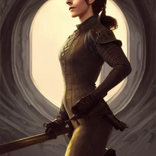 Image similar to Emma Watson in a Vault suit from Fall Out, western, D&D, fantasy, intricate, elegant, highly detailed, digital painting, artstation, concept art, matte, sharp focus, illustration, art by Artgerm and Greg Rutkowski and Alphonse Mucha