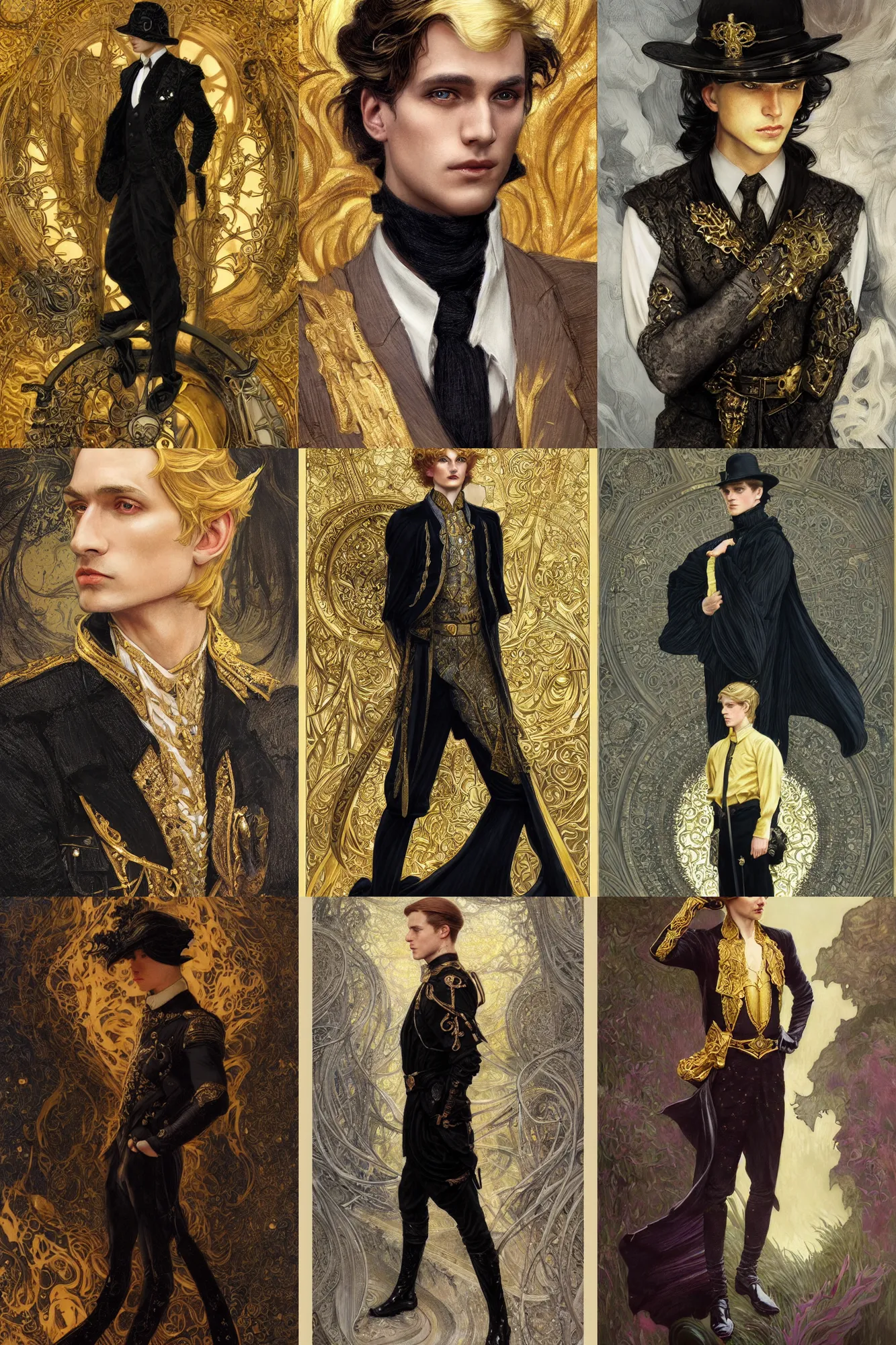 Prompt: young prince, golden hair, black clothes, 1 9 2 0 s fashion, fantasy, highly detailed, intricate, smooth, sharp focus, artstation, digital paining, concept art, art by donato giancola, charlie bowater, greg rutkowski, artgerm, cedric peyravernay, alphonse mucha, valentina remenar