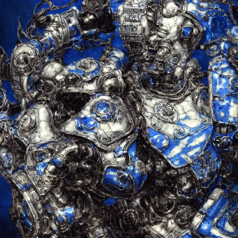 Prompt: a dark baroque close - up portrait of an ornate blue and white porcelain mecha made out of white vitrified translucent ceramic ; china. reflective detailed textures. gloomy black background. highly detailed fantasy science fiction painting by moebius, norman rockwell, frank frazetta, and syd mead. rich colors, high contrast. artstation