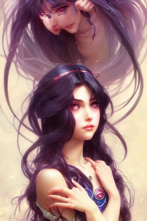 Image similar to a beautiful girl with long dark hair and bangs, sailor moon aesthetic, fantasy, intricate, elegant, highly detailed, digital painting, artstation, concept art, matte, sharp focus, illustration, art by Artgerm and Greg Rutkowski and Alphonse Mucha