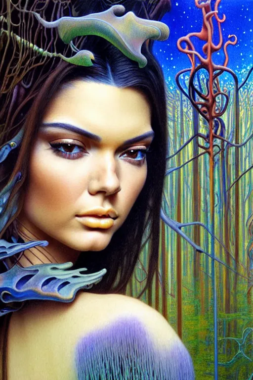 Prompt: realistic detailed face portrait painting of a beautiful kendall jenner with long hair with sci-fi headwear, futuristic sci-fi forest on background by Jean Delville, Amano, Yves Tanguy, Alphonse Mucha, Edward Robert Hughes, Roger Dean, rich moody colours, blue eyes