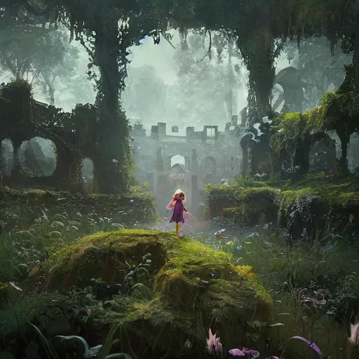 Prompt: a girl encountering a lost overgrown castle in another world. By Sylvain Sarrailh, Repin, and Ruan Jia.