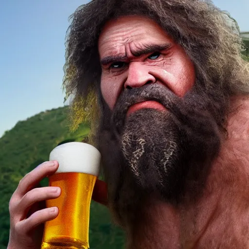 Image similar to photo of ancient caveman drinking a single beer can, high detail, ultra realistic, 4k UHD, pristine