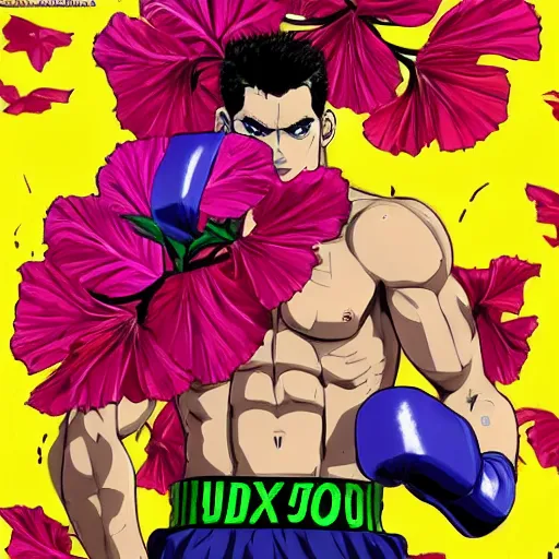 Prompt: handsome boxer, punching, wearing neon boxing outfit, bodybuilder posing, portrait surrounded by hibiscus flowers, jojo cover art, jojo anime style, david production, style of vento aureo cover art, style of stone ocean cover art, style of steel ball run cover art, style of jojolion cover art, ilya kuvshinov style, illustrated by hirohiko araki