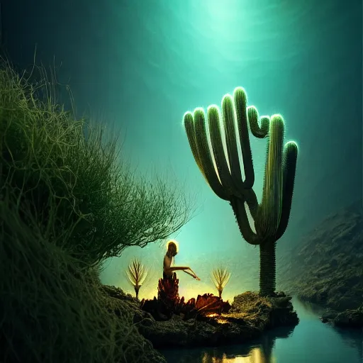 Image similar to creature in a desert lush vegetation, warm tones, night, water reflection, bioluminescent translucent : : by michal karcz, daniel merriam, victo ngai and guillermo del toro : : ornate, dynamic, particulate, intricate, elegant, highly detailed, centered, artstation, smooth, sharp focus, octane render, 3 d
