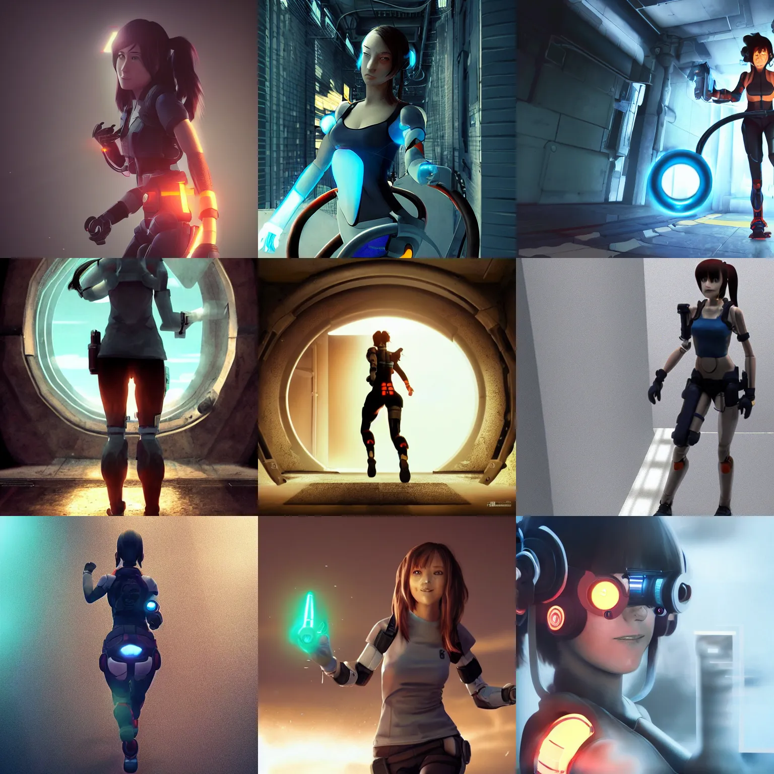 Prompt: portal game!!!!! valve, anime!!! cyborg photo - realistic!!!! woman!!!!!!!!!!!!!!!!! running, ( shy smiling face ), rembrandt, octane render, artstation