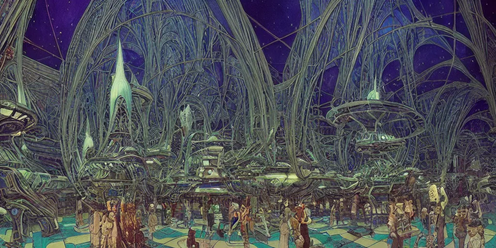 Image similar to the interior of a scifi space station with ornate elven architecture bustling with people by jean giraud moebius, crystalline, emerald, highly detailed matte illustration by moebius, clean lines, sharp focus, intricate, elegant