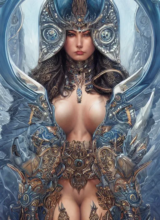 Image similar to a highly detailed symmetrical painting of a female model fantasy warrior with piercing beautiful eyes, trending art by artgerm and karol bak and mark brooks and donato giancola and bayard wu and gustav moreau and wayne barlowe