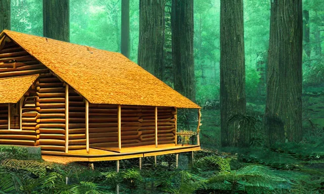 Prompt: golden log cabin in a vaporwave jungle, 4k, ultra realistic, award winning Photograph