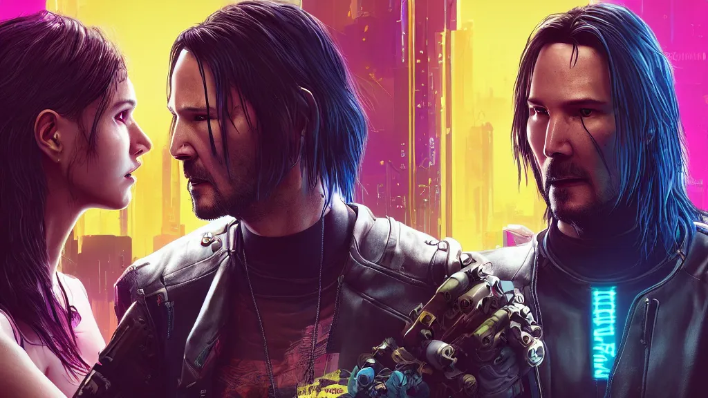 Prompt: a cyberpunk 2077 srcreenshot couple portrait of a Keanu Reeves and a female android final kiss,love,film lighting,by Laurie Greasley,Lawrence Alma-Tadema,Dan Mumford,John Wick,Speed,Replicas,artstation,deviantart,FAN ART,full of color,Digital painting,face enhance,highly detailed,8K,octane,golden ratio,cinematic lighting
