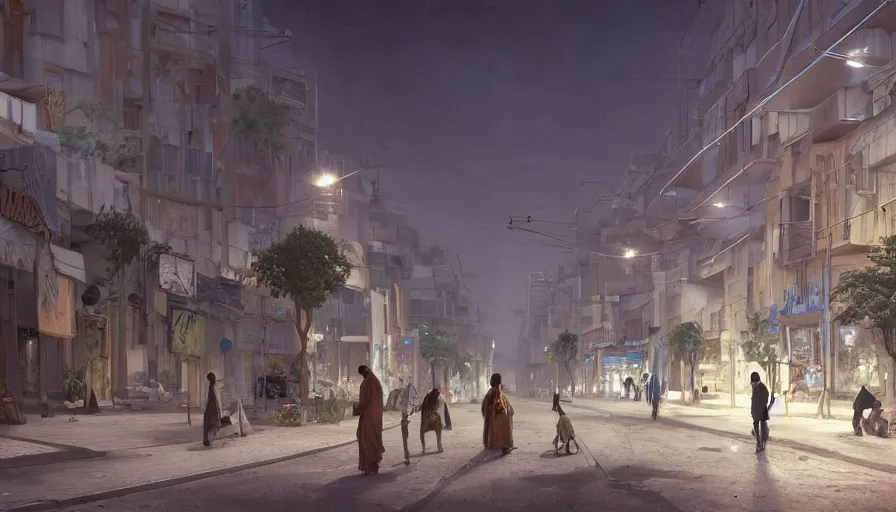 Image similar to modern jeddah city street, roshan, shops, a bright pharmacy, a nomad wearing a worn out coat, plants, tree, dramatic lighting, sci fi, by caspar david friedrich by james gilleard and justin gerard, centered, artstation, smooth, sharp focus, photoreal octane render, by jean baptiste monge, gustave dore, deviantart