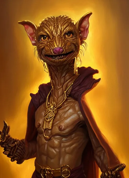 Prompt: a _ fantasy _ style _ portrait _ painting _ of a humanoid gold kobold male in wizard robes in a store selling things, oil _ painting _ unreal _ 5 _ daz. _ rpg _ portrait _ extremely _ detailed _ artgerm _ greg _ rutkowski _ greg