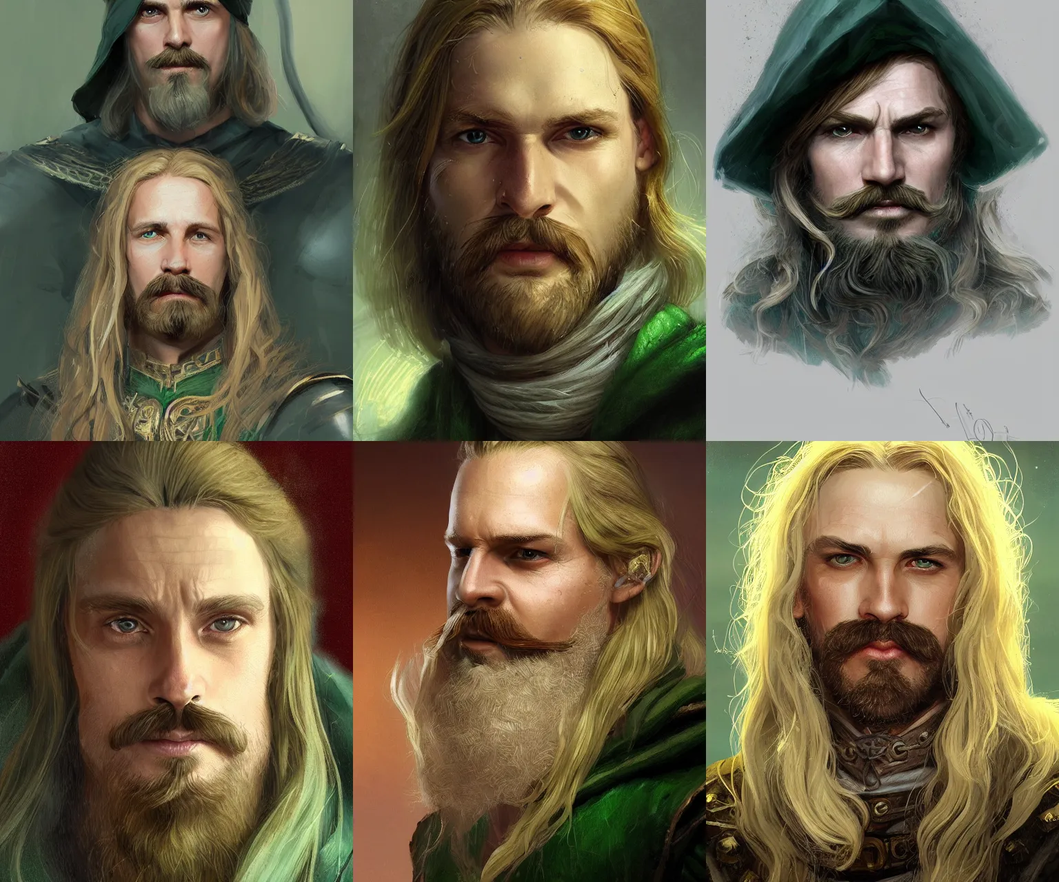 Prompt: portrait of a 3 5 - year - old human male noble with long blonde hair and a mustache, green eyes, medieval setting, detailed face, highly detailed, digital painting, artstation, concept art, sharp focus, illustration, by greg rutkowski, craig mullins, kenne gregoire