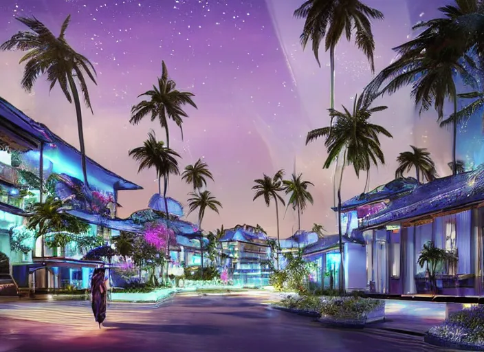 Image similar to futuristic luxurious street with Singaporean lush onsen with royal white and pink and white and luxurious gold colors, advanced civilization, high-end onsen, at the Sea Of Stars of Vaadhoo Island Maldives, Bioluminescent sea plankton that shines bright blue during the night makes the sea area, glowing water, intricate, elegant, luxurious, digital painting, concept art, smooth, sharp focus, from Star Trek 2021, illustration, by WLOP and Ruan Jia and Mandy Jurgens and William-Adolphe Bouguereau, Artgerm