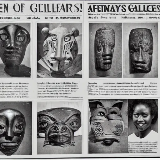 Image similar to A full page advertisement for a colonial gallery, African artifacts, masks, objects, newspaper style, black and white, African Arts magazine, 70s