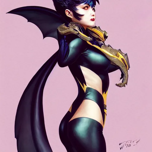 Image similar to 3 / 4 view of a portrait of bat woman with bat wings, confident pose, pixie, genshin impact,, intricate, elegant, sharp focus, illustration, highly detailed, concept art, matte, trending on artstation, anime, art by wlop and artgerm and greg rutkowski, marvel comics h 6 4 0