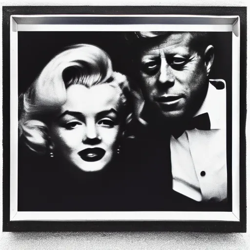 Image similar to damaged photo of marilyn monroe and jfk by diane arbus, black and white, high contrast, soft focus, rolleiflex, 5 5 mm f / 4 lens