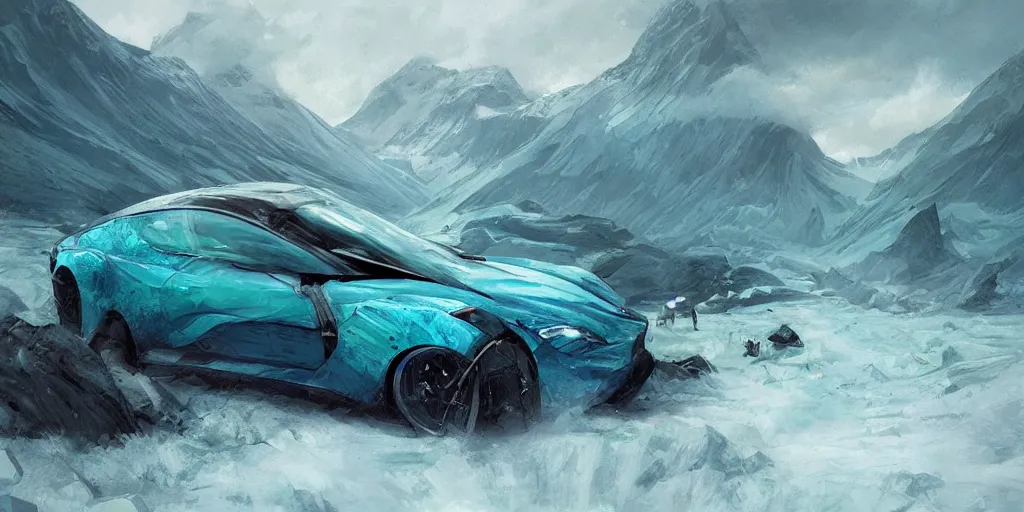 Prompt: wide angle, blue knight, green hatchback car, glacier landscape, norway, D&D, fantasy, intricate, elegant, highly detailed, digital painting, artstation, octane render, concept art, matte, sharp focus, illustration, hearthstone, art by Artgerm and Greg Rutkowski and Alphonse Mucha