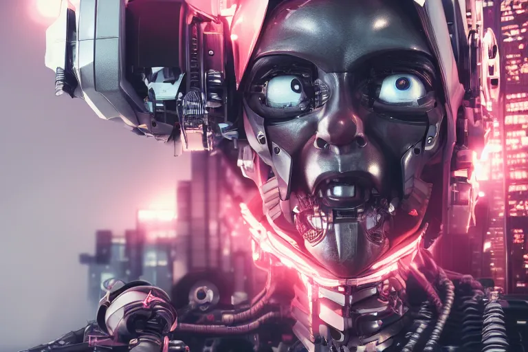 Image similar to cyberpunk robot with intricate machinery, made of carbon fiber, headshot photography, 4K 3D render, desktopography, HD Wallpaper, digital art