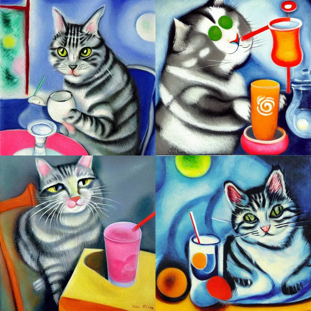 Prompt: an oil painting of a gray tabby cat, with a white nose, drinking boba tea with a straw - by Marc Chagall. highly detailed. cute.