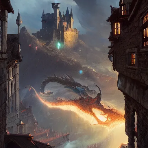 Image similar to a dragon attacking a castle, city background, dramatic light, gorgeous view, depth, high detail, digital art, painted by greg rutkowski, trending on artstation