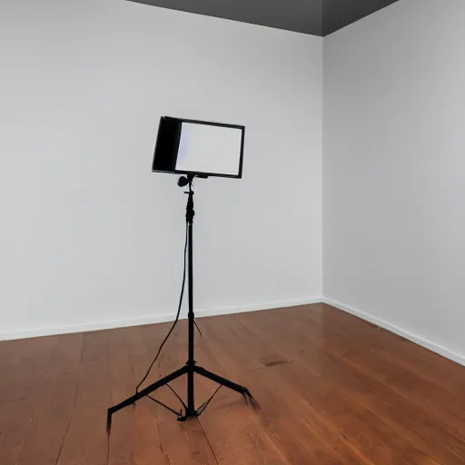 Image similar to an ultra high definition professional studio quality photograph. the photo is set in a plain empty white studio room with a plain white plinth in the middle of the room, a mobile phone is on top of plinth in the centre of the photograph. three point light.