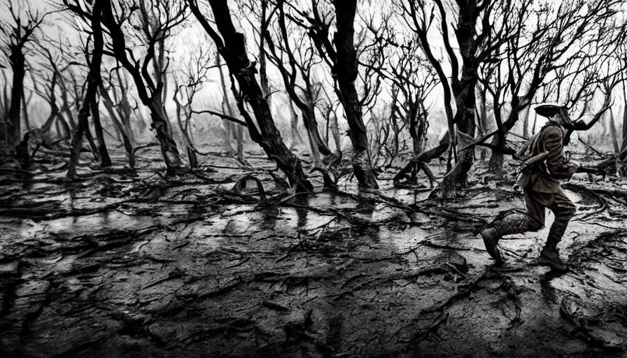 Prompt: screaming World War 1 soldier running across No Mans Land, wartorn landscape, lots of mud puddles and craters, burnt and broken trees, dirty lens, cinematic lighting, IMAX cinematography, 35mm