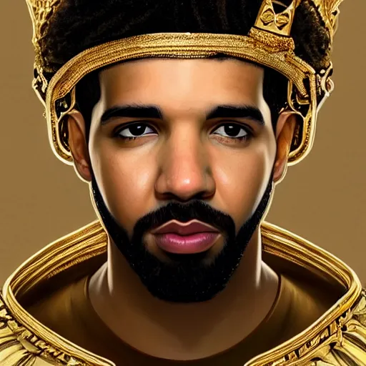 Image similar to highly detailed portrait of drake wearing a gold crown and gold chains, realistic portrait, symmetrical, highly detailed, digital painting, artstation, concept art, smooth, sharp focus, illustration, cinematic lighting, art by artgerm and greg rutkowski and alphonse mucha