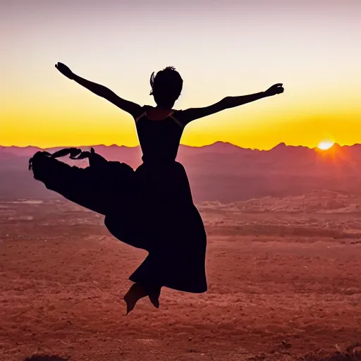 Image similar to cinematic still of silhouette of woman in Biblical clothing jumping for joy, beautiful middle eastern landscape with sunrise behind, Biblical epic movie directed by Steven Spielberg