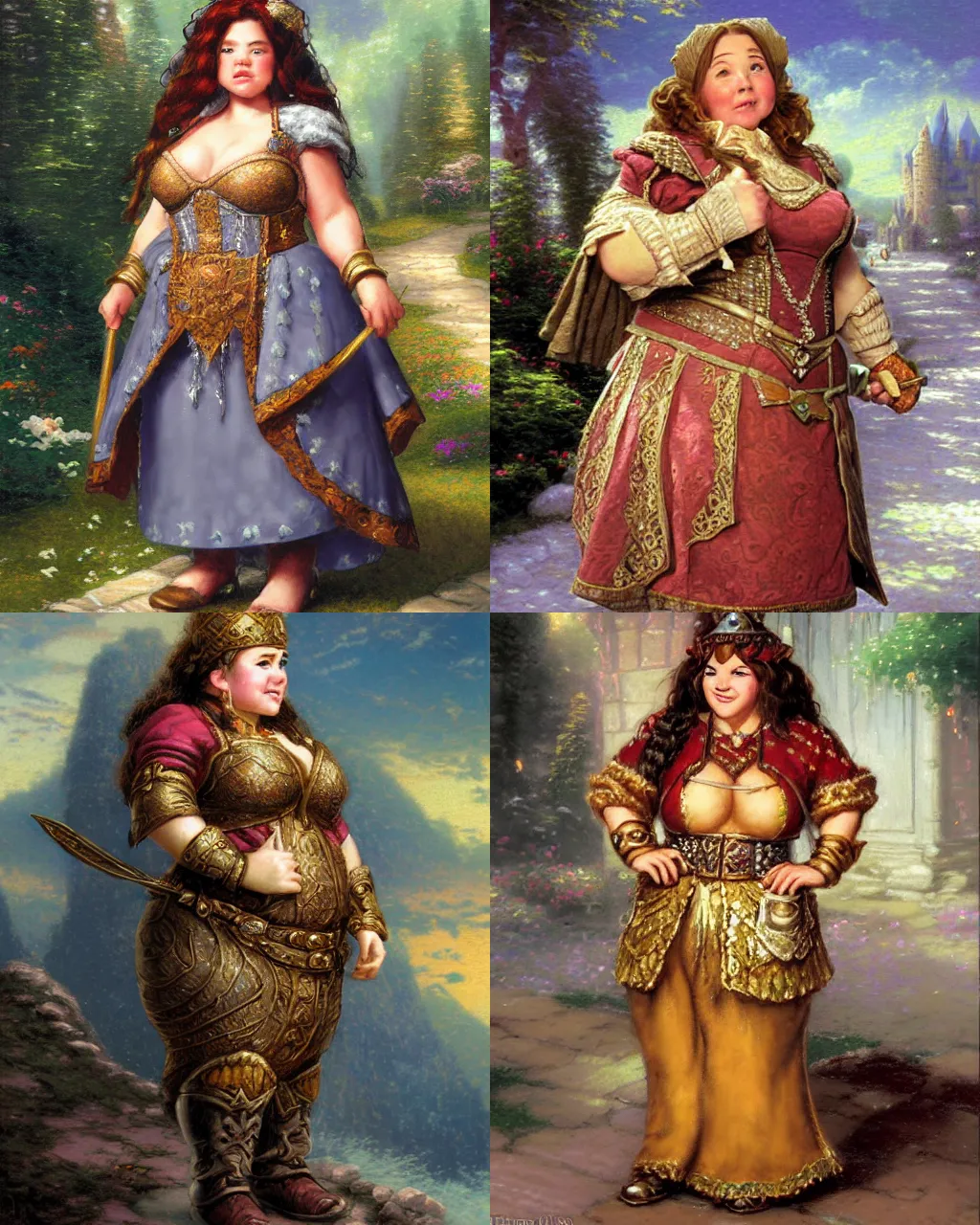 Prompt: female dwarven noblewoman, chubby short stature, elaborate hair, by thomas kinkade