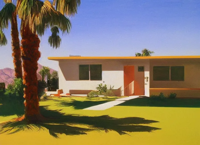 Image similar to painting of a mid century house in palm springs by thomas cole