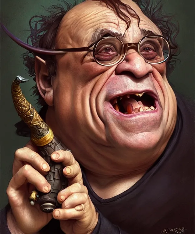 Prompt: danny devito as a fantasy goblin smoking a pipe, portrait, fantasy, intricate, elegant, highly detailed, digital painting, artstation, concept art, smooth, sharp focus, illustration, art by artgerm and greg rutkowski and alphonse mucha