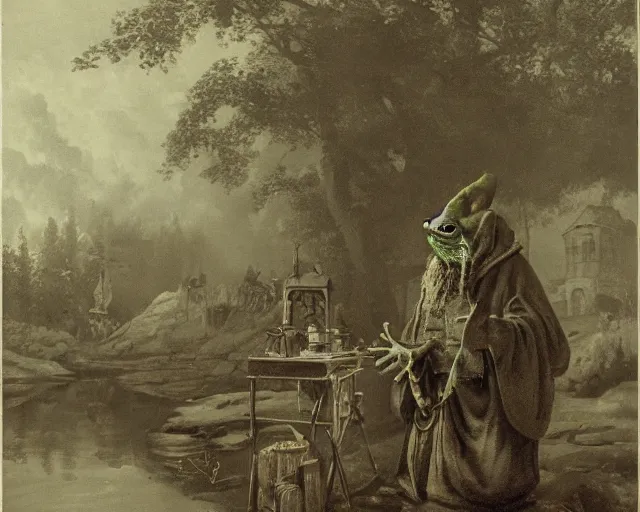 Prompt: frog wizard selling magical wares on a stand next to a pond by achenbach, andreas