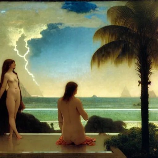 Image similar to Silhouette of two girl at the palace, thunderstorm, greek pool, beach and palm trees on the background major arcana sky, by paul delaroche, alphonse mucha and arnold böcklin arnold böcklin hyperrealistic 8k, very detailed