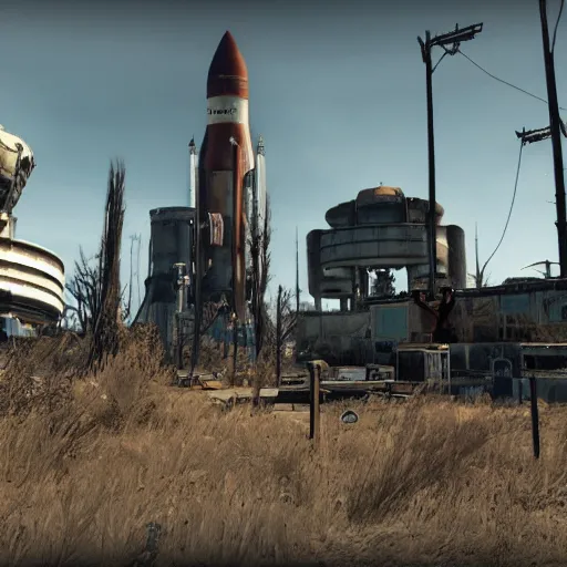 Image similar to kennedy space center in ruins post - nuclear war in fallout 4, in game screenshot