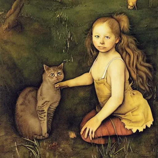 Prompt: oil painting of a girl trying to rescue a cat from a swamp by Albrecht Dürer