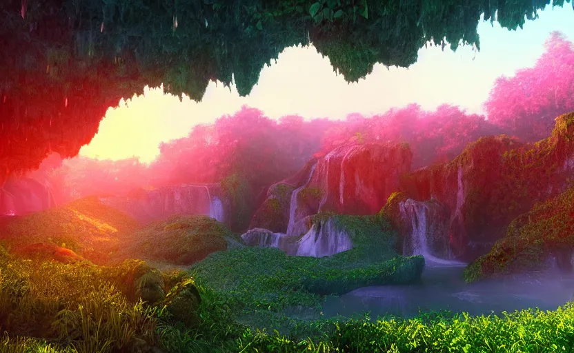 Image similar to a beautiful and stunning professional digital photo of a humongous crystal cave, vines, haze, waterfall, volumetric lighting, hyperrealistic, red, yellow, green, blue, sunset, unreal engine 5, ultra detail