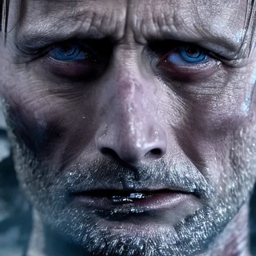 Prompt: Mads Mikkelsen as the Night King, close up, stoic, cold