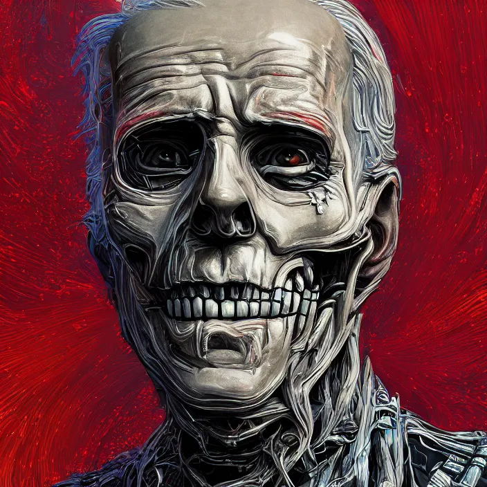 Image similar to portrait of joe biden as skeleton. burning distortions. dusty distortions. intricate abstract. intricate artwork. by Tooth Wu, wlop, beeple, dan mumford. octane render, trending on artstation, greg rutkowski very coherent symmetrical artwork. cinematic, hyper realism, high detail, octane render, 8k, iridescent accents