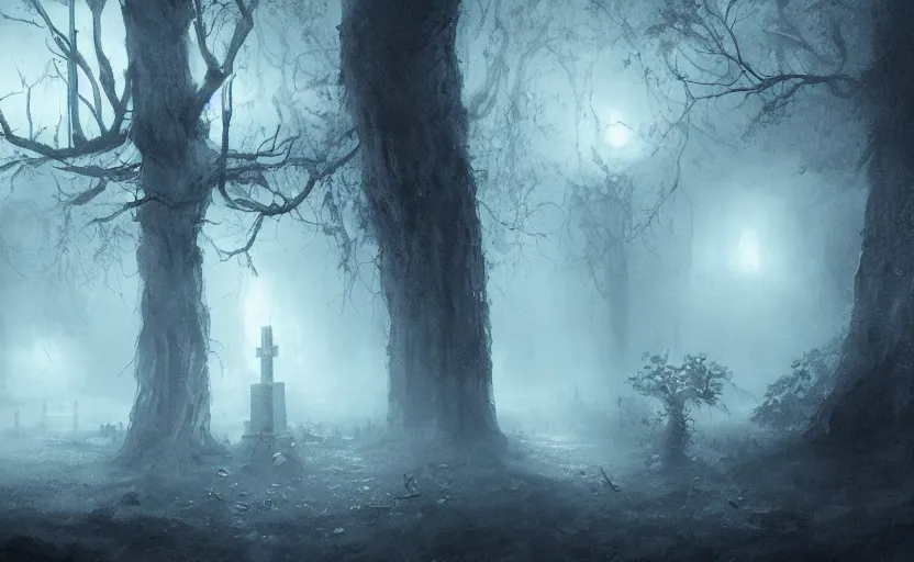 Image similar to a ghost walking though an old cemetary. haunted. night, rain, mist. hyper detailed. trending on artstation