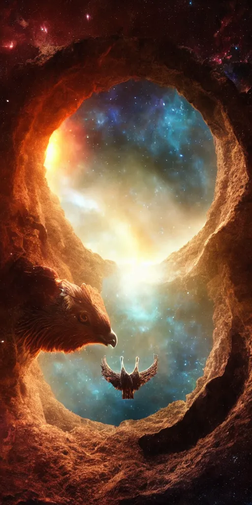 Image similar to an extreme long shot of a deer peering into a giant portal into the universe in the shape of a keyhole to the nebulae and galaxies, an eagle flying, beautiful matte painting by weta workshop 4 k, cinematic dramatic atmosphere, dramatic lighting, trending on artstation